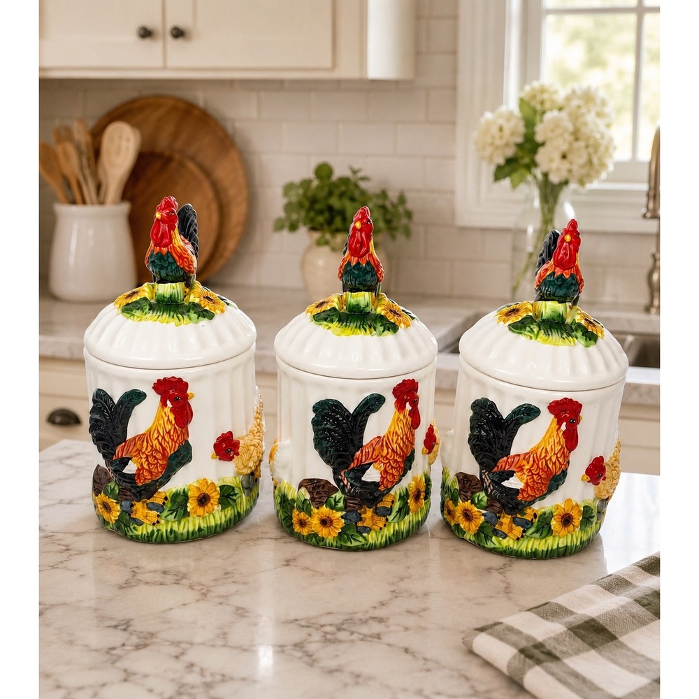 KMC Farmhouse Rooster Sunflower Canister Set Cottagecore Country Kitchen Decor‎